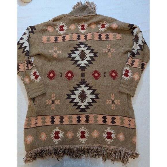 Jodifl 1X Boho Fringe Southwestern Aztec Open Cardigan Duster 34" - Picture 2 of 6